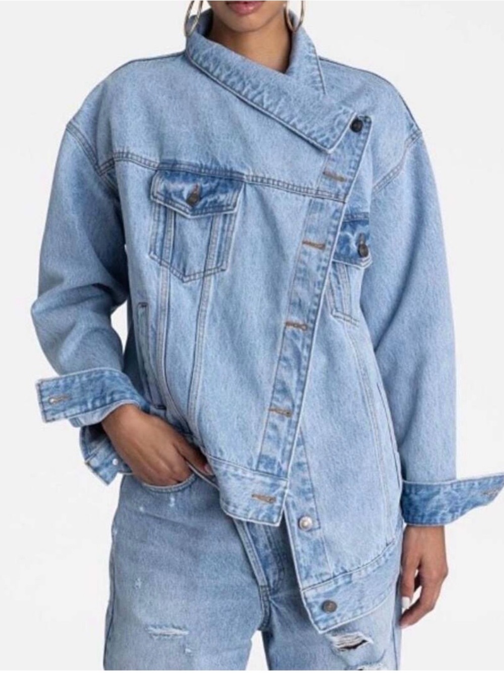 Oversized Women’s Light Blue Asymmetrical Denim Jacket